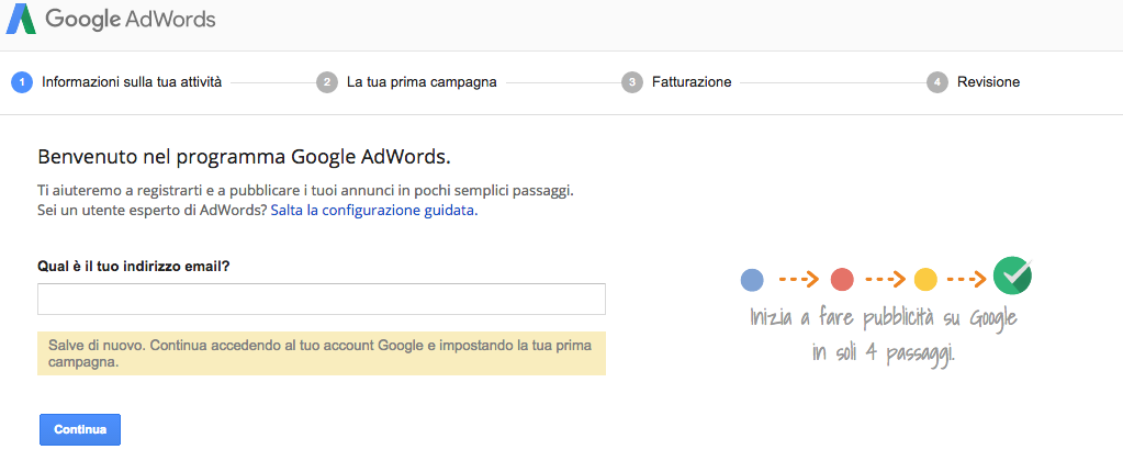 AdWords salta configurazione guidata